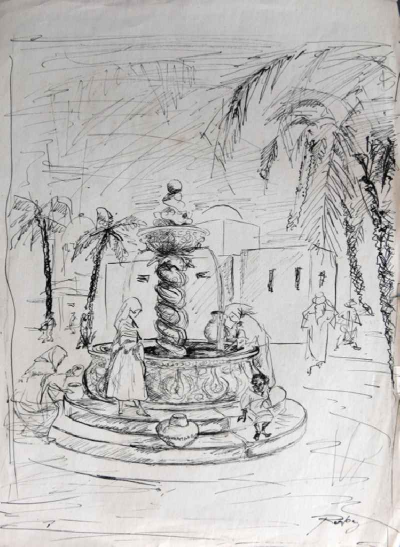 VG image free work: ink drawing ' Water fountain at the market ' by the artist Siegfried Gebser in Samarqand in Usbekistan