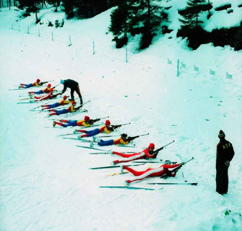 Young athletes - Biathletes of the WSV (Winter Sports Association) Scheibe-Alsbach train in the training centre in Scheibe-Alsbach in the federal state Thuringia on the territory of the former GDR, German Democratic Republic