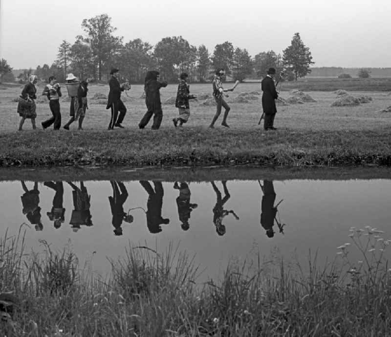 Scene from the film and television production 'Struga - Pictures of a Landscape' with passing musicians and their musical instruments in clown costumes on the road Waldrand in Schleife, Saxony in the area of the former GDR, German Democratic Republic