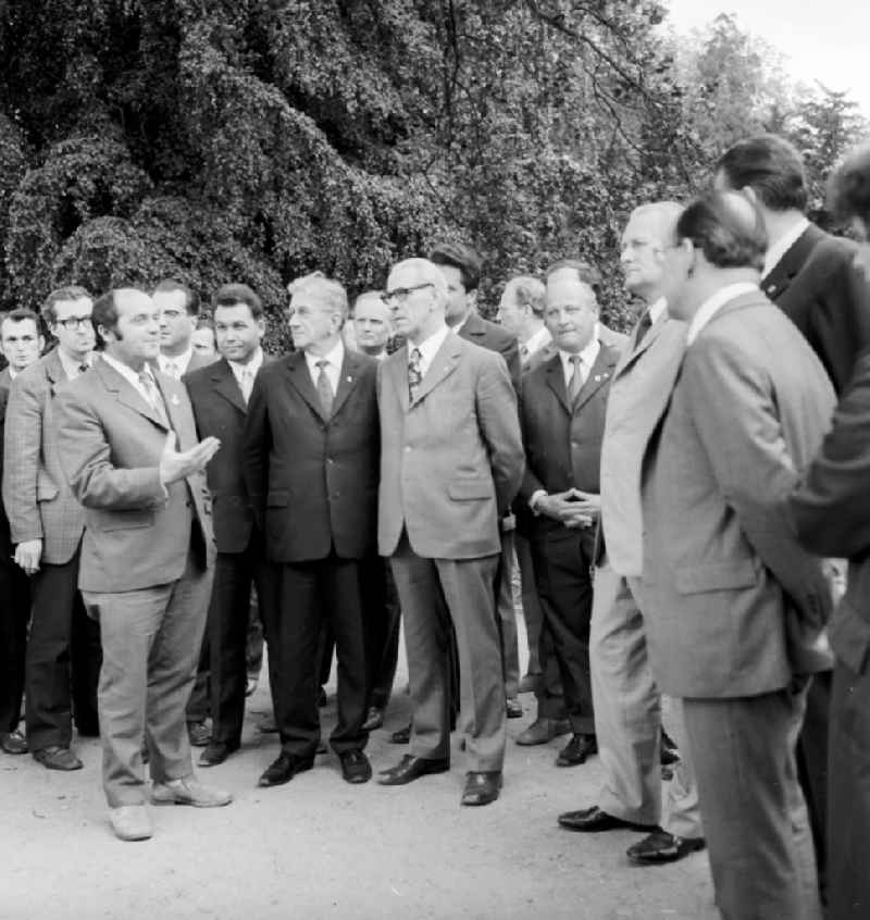 The chairperson of the council of ministers of the GDR Willi Stoph (1914-1999) and the member of the Politburo of the central committee Guenter Mittag (1926-1994) in the 14th working-class festival in Schwerin in the federal state Mecklenburg-West Pomerania in the area of the former GDR, German democratic republic. Here in a walk by the Schweriner park