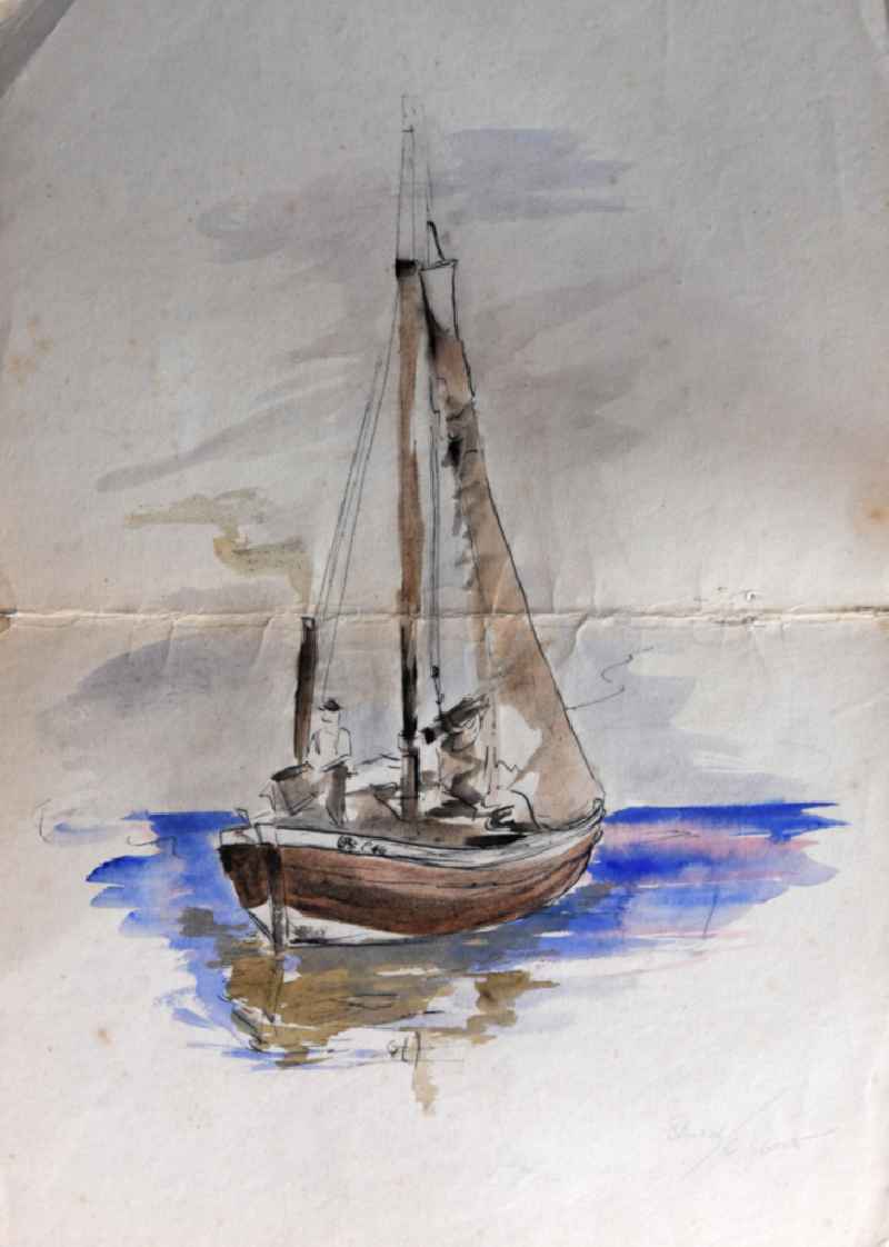 VG Image free work: Colored pencil drawing ' Sailboat on the Baltic Sea ' by the artist Siegfried Gebser in Stralsund in the state Mecklenburg-Western Pomerania on the territory of the former GDR, German Democratic Republic
