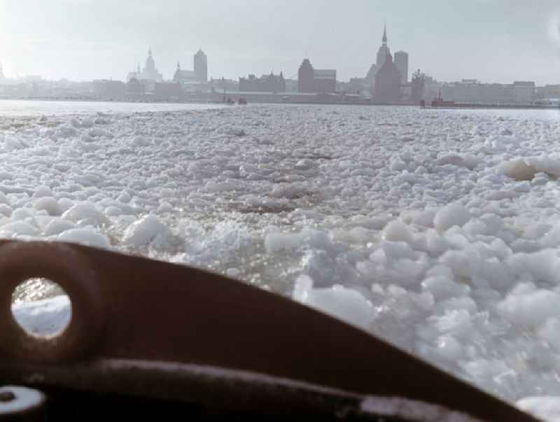 View over the icy Strelasund to the skyline of the city of Stralsund, Mecklenburg-Vorpommern in the area of the former GDR, German Democratic Republic