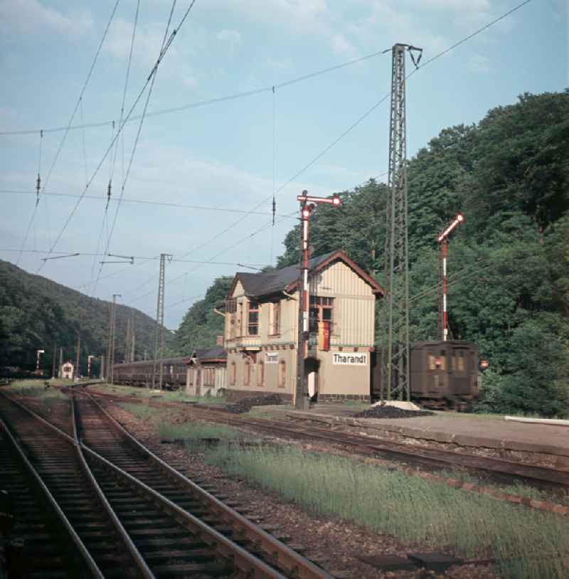 Signal box of the Deutsche Reichsbahn at the station of the small Saxon town of Tharandt in the territory of the former GDR, German Democratic Republic