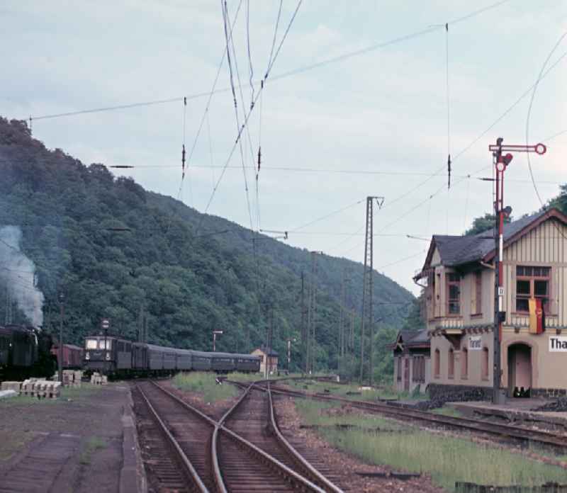 Signal box of the Deutsche Reichsbahn at the station of the small Saxon town of Tharandt in the territory of the former GDR, German Democratic Republic