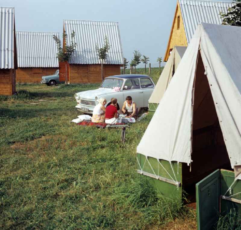 Holidaymakers at their tent at a campsite on the Black Sea in Varna, Bulgaria