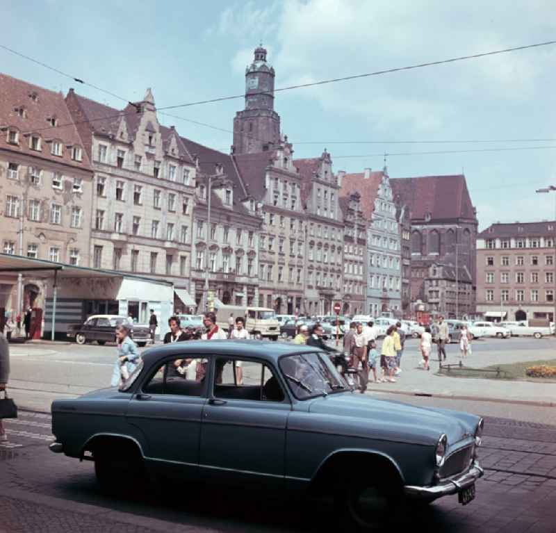 Market square with St. Elizabeth's Church in the background in Wroclaw - Breslau in Poland